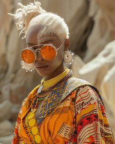 a woman with white hair and round sunglasses on her face, standing in front of a rock formation