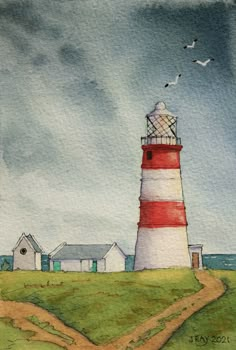 a watercolor painting of a lighthouse with seagulls flying over it and houses in the background