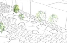 this is a drawing of a courtyard with rocks and trees in the corner, as well as potted plants on either side