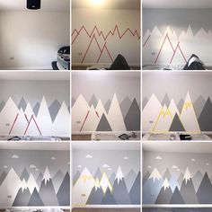 several pictures of mountains painted on the wall in different colors and sizes, each with their own mountain silhouettes