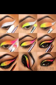 Hawaiian Makeup, Colorful Eye Makeup Tutorial, Chola Makeup, Carnaval Make-up, Teknik Makeup, Neon Eyeshadow, Eyeshadow Ideas, 80s Makeup