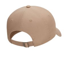 a tan baseball cap with an adjustable visor on the front, and a metal buckle at the peak