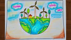 a drawing of the earth with windmills and trees on it that says global wind day