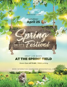 the spring festival flyer with an image of trees and flowers in the grass, on a sunny