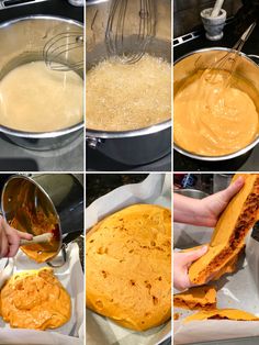 four pictures showing how to make pumpkin bread in the process of being cooked and baked