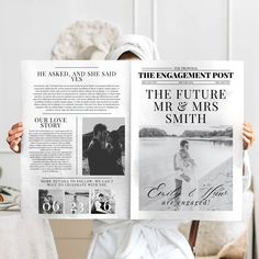 a person holding up a newspaper with an article about the future mr and mrs smith