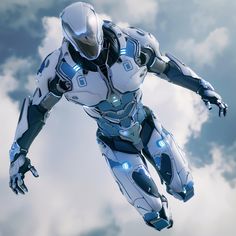 a futuristic man flying through the air with his arms outstretched in front of some clouds