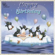 happy birthday card with penguins and balloons on an ice floet in the ocean