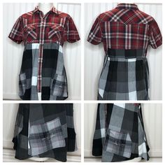 "This beautiful women's shirt was upcycled from a red and black plaid western shirt and a black and white large check cotton shirt.  The main body is a cotton red and black western style shirt with a snap front close.  The bottom of the shirt is a soft cotton black and white large check shirt. The back skirt is a double layer tulip shaped to give a flattering unique fit.  The side pocket is embroidered with the Little Bird Products signature bird in silver thread.  There are two side pockets 8n Fall Patchwork Short Sleeve Shirt, Plaid Patchwork Short Sleeve Tops, Fitted Plaid Cotton Shirt, Fitted Plaid Western Tops, Fitted Western Plaid Tops, Fitted Patchwork Button-up Shirt, Fitted Plaid Top With Pockets, Fitted Patchwork Short Sleeve Shirt, Fitted Cotton Shirt With Patchwork