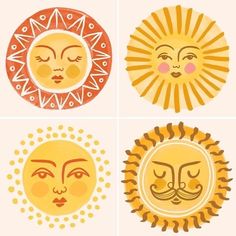 four sun faces with different designs on them