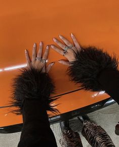 two hands on top of an orange surfboard with zebra print legs and rings in the middle