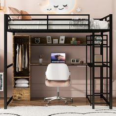 a loft bed with a desk underneath it and shelves below the bed, along with an office chair