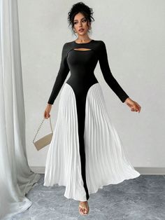 Women's Round Neck Long Sleeve Hollow-Out Contrast Color Black And White Pleated Elegant Dress Black Elegant  Long Sleeve Knitted Fabric Colorblock A Line Medium Stretch  Women Clothing, size features are:Bust: ,Length: ,Sleeve Length: Elegant Dress Black, Flared Leggings, Dress Classy, Mini Robes, Spring Summer Dress, Inspiration Mode, Knee Length Skirt, Wide Leg Jumpsuit, Classy Dress