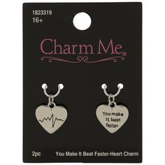 Give your jewelry crafts a unique accent with these You Make It Beat Faster Heart Charms. These charms have a heart shape with a sentimental phrase on one side. The other side has a line reminiscent of a heartbeat monitor etched into it. Pair these with more charms along a delicate necklace chain or add them to a fun charm bracelet. Bring personality and character to each new accessory by incorporating more creative charms. Details: 	 Dimensions: 0.53" x 0.51" 	 Material: Metal 	 Color: Black Heart-shaped Metal Jewelry For Best Friend, Heart-shaped Metal Jewelry For Best Friend's Gift, Heart-shaped Charms Earrings For Valentine's Day, Heartbeat Monitor, Jewelry Charms Pendants, Silver Age, Delicate Necklace, Necklace Chain, Metal Color