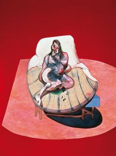 a painting of a woman sitting on top of a chair next to a pillow and table