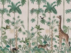 a giraffe, zebras and other animals in a jungle wallpaper design