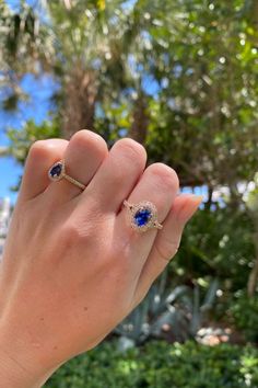 Sapphire rings in 14k Yellow and Rose Gold Sapphire Rings, Sapphire And Diamond Ring, Double Halo, Blue Sapphire, Royal Blue, Diamond Ring, Halo