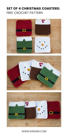 four crocheted christmas coasters with santa's hat and snowman on them