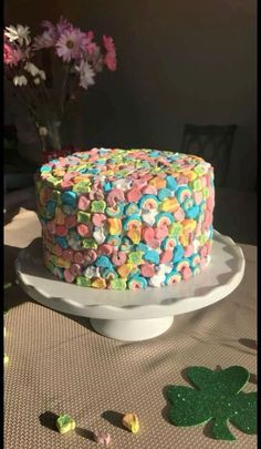 a colorful cake sitting on top of a white plate