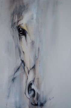 a painting of a white horse's face with black and grey details on it