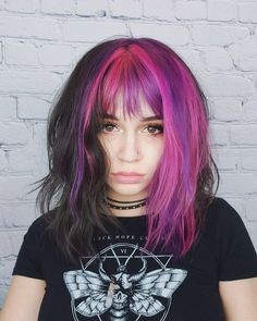 Black Pink Purple Hair, Black Pink And Purple Hair, Barbiecore Hair, Purple Split Dye, Pink And Purple Hair Ideas, Purple And Pink Hair, Purple Hair Ideas, Bright Purple Hair, Pink And Purple Hair