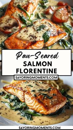 This Pan-Seared Salmon Florentine is a restaurant-quality dish made easy at home. Tender salmon fillets atop a creamy spinach bed with garlic and herbs – perfect for a delicious and elegant dinner! Get inspired in the kitchen – grab the recipe now! #SalmonFlorentine #PanSearedSalmon #HealthyDinner #SeafoodRecipes #FlorentineStyle #WeeknightMeals #GourmetAtHome #CreamySpinach #LowCarbMeals #DinnerInspiration Salmon With Creamy Garlic Sauce, Spinach Sauce For Salmon, Salmon Spinach Pasta Recipes, Salmon Spinach Cream Sauce, Pan Cooked Salmon With Skin, Salmon With Creamy Spinach Sauce, Fish And Spinach Recipes, Salmon With Spinach Cream Sauce, Salmon With Sauce Recipes