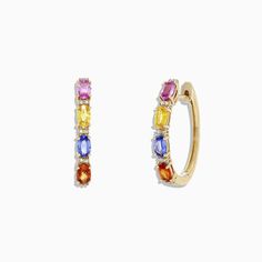 Effy Watercolors 14K Gold Multi Sapphire and Diamond Earrings, 2.58 TCW Classic Yellow Gold Multi-stone Earrings, Yellow Gold Multi-stone Hoop Earrings Fine Jewelry, Yellow Gold Multi-stone Hoop Earrings, Elegant Multicolor Huggie Jewelry, Sapphire And Diamond Earrings, Earrings Aesthetic, Multi Sapphire, India Jewelry, Yellow Earrings