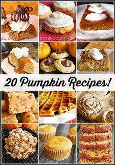 there are many pumpkin desserts and pies in this collage with the words, 20 pumpkin recipes