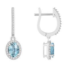 Top Choice Gems  7x5mm Aqua and Diamond Hugger Hoop Dangle Earrings A striking addition to any fine-jewelry wardrobe, this sterling silver earring showcases a diamond-haloed aquamarine that dangles from a diamond-accented hoop.         Each approx. 1"L x 1/4"W      Stamped .925; sterling silver; rhodium plating     Pierced with hugger-style leverbacks    Stone Information       All sizes and weights approximate     Aqua: Oval; 1.44ct     Diamond: Round; 0.32ct; GH color, I2-I3 clarity Formal Dangle Hoop Earrings With Gemstones, Formal Silver Gemstone Hoop Earrings, Fine Jewelry Oval Sterling Silver Earrings, White Gold Hoop Earrings With Gemstones In Sterling Silver, White Gold Gemstone Hoop Earrings, Oval Sterling Silver Earrings Fine Jewelry, White Gold Sterling Silver Hoop Earrings With Gemstones, Formal Sterling Silver Halo Hoop Earrings, Hallmarked Oval Sterling Silver Diamond Earrings