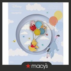 a disney pin with winnie the pooh and friends flying on balloons in the sky