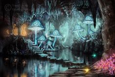 an artistic painting of mushrooms in a forest by the water at night with lights shining on them