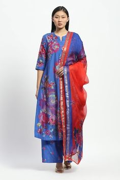 Blue bright chanderi kurta with all over floral prints. Paired with a printed pant and contrast two tone dupatta. - Aza Fashions Satya Paul, Notched Collar, Kurta With Pants, Quarter Sleeve, Pants Pattern, Three Quarter Sleeves, Three Quarter, Aza Fashion, Pants Set