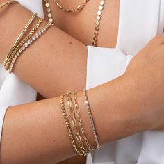 Tennis Bracelet Stack, Gold Bracelets Stacked, Bracelet Pack, Silver Gold Jewelry, Gold Link Bracelet, Classic Bracelets, Jennifer Meyer, Yellow Gold Jewelry, Gold Bracelet Chain