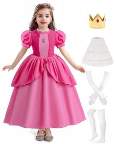 PRICES MAY VARY. Elastic,Polyester Zipper closure Machine Wash 【Princess Dress】You will get a piece of pink classic princess dress,inspired by popular game characters.Let your child wear the dress,she will be the focus of any occasion.The product package includes:A piece of pink dress+A princess crown+A pair of long white gloves+A pair of white stockings+A bustle+Two earrings. 【Dress Style】The lovely retro and fashionable neckline design,Stylish tailoring,more natural and beautiful,highlighting Pink Princess Costume, Princess Peach Dress, Princess Peach Costume, Crown Dress, Peach Costume, Halloween Party Dress, Princess Halloween Costume, Vestidos Color Rosa, Princesa Peach