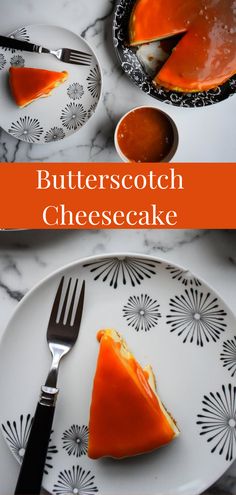 Vanilla cheesecake with a butterscotch topping and a white chocolate and hobnob biscuit base Butterscotch Cheesecake Recipe, Butterscotch Topping, Butterscotch Cheesecake, Apple Schnapps, Baked Cheesecake