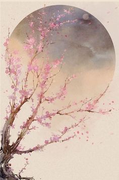 a painting of a tree with pink flowers in front of a moonlit sky and clouds