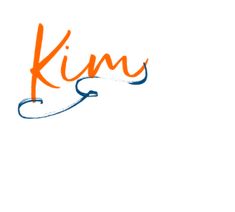 the word kim is written in orange and blue