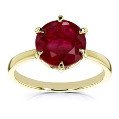 Gemstone Engagement RingsCreated Red Ruby 6-Prong Solitaire Ring 10 mm 14k Gold Six sturdy prongs along a floating basket setting grips this large 10 millimeter round created ruby gemstone in 14-karat gold. Shaping onto a slender straight gold band, this classic beauty caters to the brilliance of contrasting widths from center to band to best showcase the astonishing center stone in all its glory. This candy-like treasure is easily love at first sight. Huge Diamond Rings, Ruby Solitaire Ring, Ruby Engagement Ring, Gemstone Engagement, Red Gemstones, Unique Jewelry Designs, Ruby Gemstone, Red Ruby, Ruby Ring