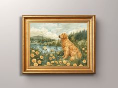 a painting of a golden retriever in a field of flowers