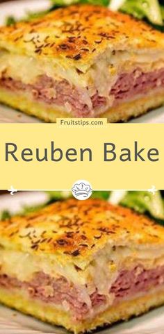 two pictures of reuben bake on a plate with lettuce in the background