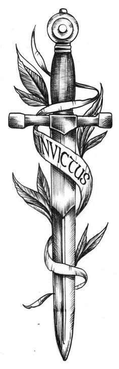 a dagger with a ribbon around it and the word nicco on it, in black ink