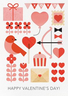 valentine's day card with red and pink hearts, flowers, gifts, and arrows