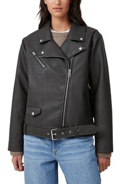 Show off instantly cool style in a moto-inspired faux-leather jacket fashioned with gleaming zip pockets and a belted waist. Asymmetric zip closure Notched collar Chest zip pocket; front zip pockets Attached belt Lined 90% polyester, 7% cotton, 3% viscose with polyurethane coating Spot clean Imported Casual Winter Biker Jacket With Belt, Casual Winter Belted Biker Jacket, Casual Belted Biker Jacket For Winter, Trendy Belted Biker Jacket For Winter, Moto Outerwear With Belt Loops For Fall, Fall Biker Outerwear With Belt Loops, Winter Biker Outerwear With Belt Loops, Fall Moto Biker Jacket With Belt Loops, Black Belted Biker Outerwear