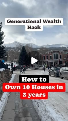 a street with cars parked on the side and people walking down it in the snow