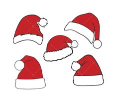 four red santa hats with white trims on the top and bottom one has a black outline