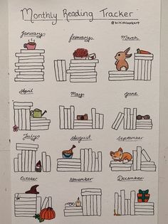 a drawing of bookshelves with animals and pumpkins on them, reading tracker