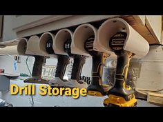 drill storage in the garage with lots of tools