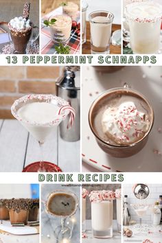 different shots of peppermint schnapps and drinks with text that reads, 13 peppermint schnapps drink recipes