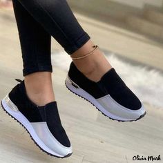 Olivia Mark - Round-Toe Low-Heel Color Block Loafer Pumps Casual Black Low-top Loafers, Black Loafers With Cushioned Footbed For Spring, Black Cushioned Loafers For Spring, Casual Black Loafers With Rubber Sole, Black Slip-on Casual Loafers, Casual Black Slip-ons With Flat Heel, Casual Black Slip-on Loafers, Black Closed Toe Casual Slip-ons, Black Slip-ons With Round Toe For Walking