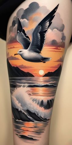 a bird flying over the ocean at sunset with clouds and waves in the water behind it